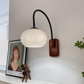 CADPCAG Modern Decoration Wall Sconce Mid Century with White Milk Glass Vintage Industrial Wood Wall Light Hardwired Smoke Grey Amber Farmhouse Reading Wall Lamp for Bedroom Living Room Bedside