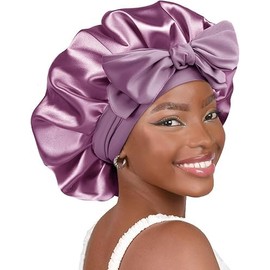 Silk Bonnet for Sleeping Women Satin Bonnet Double Layer Satin Lined Hair Bonnet with Tie Band Curly Hair (AU, Alpha, Large, Purple)