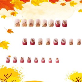 Thanksgiving Press on Nails Short Length Fall Maple Leaves False Nails Red French Square Nails Autumn Acrylic Nails Glitter Powder Design Full Cover Coffin Nails Glue on Nails for Women Festival Nails