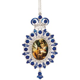 Nativity of Christ Russian Icon Pendant Christmas Decoration Ornament with Crown Blue Faux Crystals 5 1/2 inch