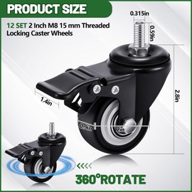 Aurelema 2 Inch M8 (0.315 Inch) 15 mm Threaded Caster Wheels Set of 12 Heavy Duty Stem Casters 360° Polyurethane Swivel Locking Wheels with Dual Brake, No Noise, 400 lb for Cart Desk Furniture