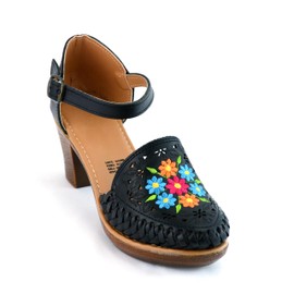 COLORES DE MEXICO MX - Mexican Leather Shoes with Embroidered Flowers, with heels for Women - Model 102BL (9, Black)