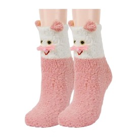 Benefeet Sox Womens Girls Cute Fuzzy Cat Socks Kawaii Cozy Soft Socks Funny Silly Cartoon Comfy Fluffy Slipper Sock Thick Plush Sleeping Winter Warm Indoor Home Sock, Pink Cat