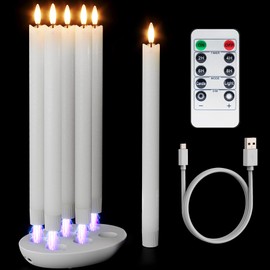 Patiphan Rechargeable Flameless Taper Candles with Charging Station, 6 Pcs Real Wax LED Taper Candles Flickering with Remote&Timer, 3D Flame Candlesticks for Home Wedding Christmas Decor (White)