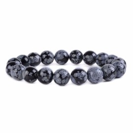 Justinstones Natural Snowflake Obsidian Gemstone 10mm Round Beads Stretch Bracelet 7 Inch Unisex