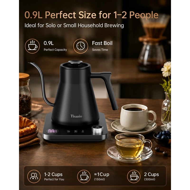 Gooseneck Electric Kettle with Temperature Control, 0.9L, Black