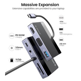 ORICO 7-in-1 USB-C Hub USB C Multiport Adapter with 4K HDMI, VGA, 100W PD, 5Gbps USB-A3.0×1, 3.5mm Audio×1, SD×1，TF×1, USBC Dock for MacBook Pro/MacBook Air/Dell/HP/Lenovo