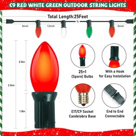 C9 Red White and Green Christmas Lights Outdoor, 25Ft Vintage Christmas Lights with 26 Multicolor Ceramic Bulbs, Hanging Christmas Decorations String Lights Waterproof for Holidays Roofline Party