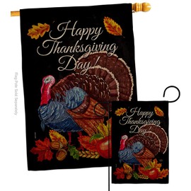 Breeze Decor Thanksgiving Turkey Garden House Flag Set Fall Give Thanks Gobble Pumpkin Season Autumntime Cornucopia Decoration Banner Small Yard Gift Double-Sided, Made in USA