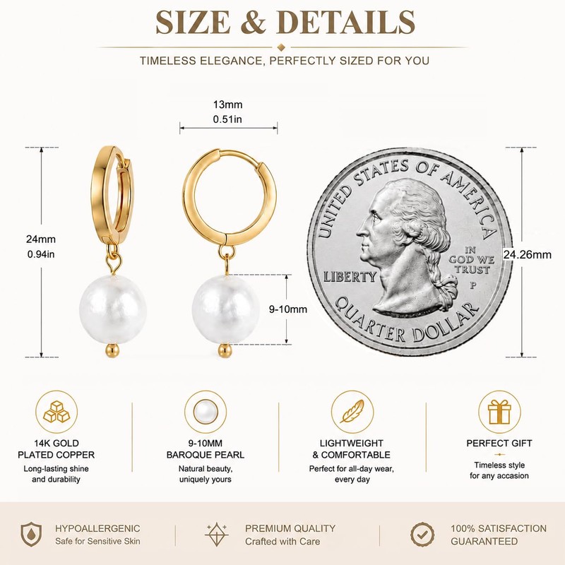 NUZON Baroque Pearl Dangle Earrings for Women 14K Gold Huggie