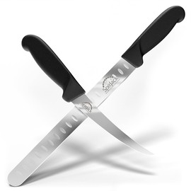 SPITJACK Smoked BBQ 6 Inch Curved Beef Brisket Trimming and Boning Knife and 11" Meat Slicing Knife Bundle. Stainless Steel.