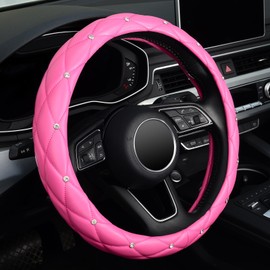 KAFEEK Diamond Leather Steering Wheel Cover with Bling Bling Crystal Rhinestones, Universal 15 inch,Dark Pink