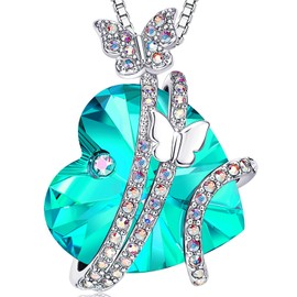 ASELFAD Butterfly Love Heart Pendant Necklaces with Birthstone Crystals, Mothers Day Gifts, Anniversary Birthday Jewelry for Women Mom Wife Girlfriend, Brass, crystal