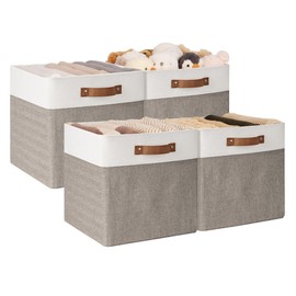 StorageWorks 13x13 Storage Cubes, Collapsible Storage Bins Organizer for Closet, Fabric Storage Box with PU Handles, Brown and White, 4-Pack