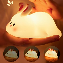Richaa Easter Bunny Night Light with Timer - Warm Light Touch Control Bedside Lamp, Squishy Soft Silicone Cute Rabbit Nightlight, Nursery, Gift Idea (White)