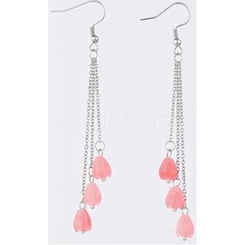 Earring, Bold Faux Coral Carved Flower Silver Plated Tassel Earrings 89mm(3.5") +GIFT BAG