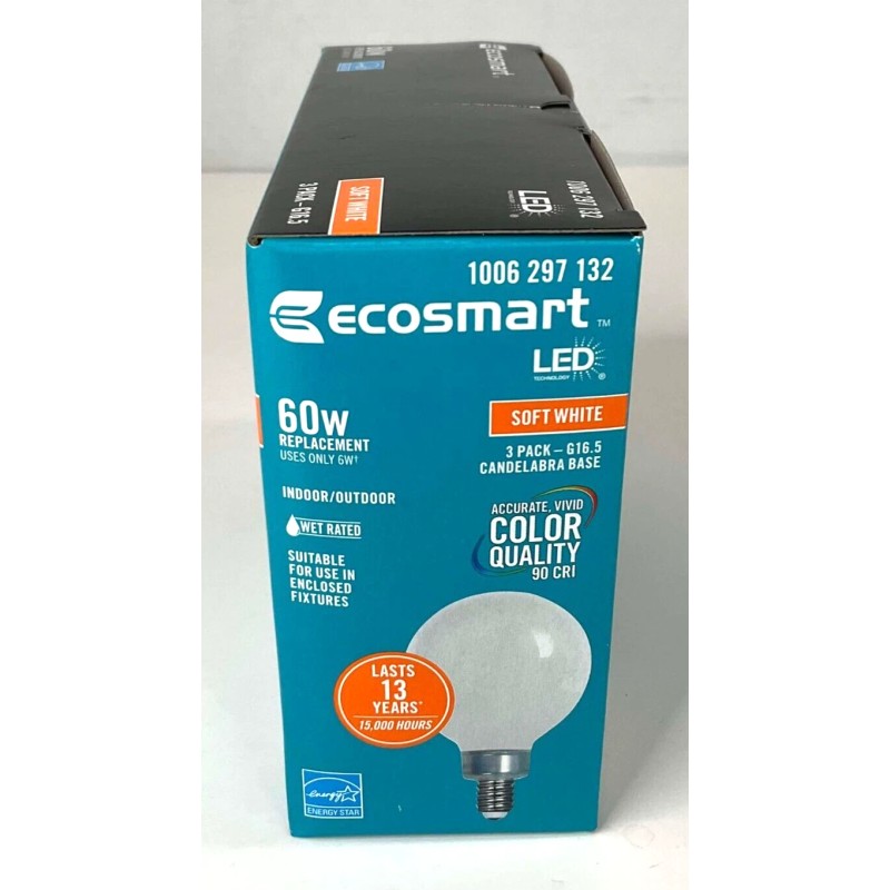 Eco-Smart Ecosmart 60w Replcement LED 3 Pack G16.5 Candelabra Base