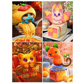 DCIDBEI 30 x 40 cm DIY 5D Set of 4 Diamond Painting Monster Elf Diamond Painting Adults, Cross Stitch Pictures Diamond Children, Gift Birthday Party || Gourmet Animals