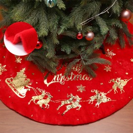 Blosssound 48 Inch Christmas Tree Skirt Red Gold Santa Elk Tree Skirt Soft Snowflake Xmas Tree Mat for Christmas Party Decoration Holiday Decor Christmas Decorations Supplies Indoor Outdoor