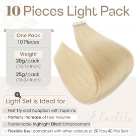 Elailite Blonde Tape in Hair Extensions Human Hair 10 PCS - Seamless Skin Weft Remy Real Hair Extension Straight - #613 Bleach Blonde - 14 Inch 20g