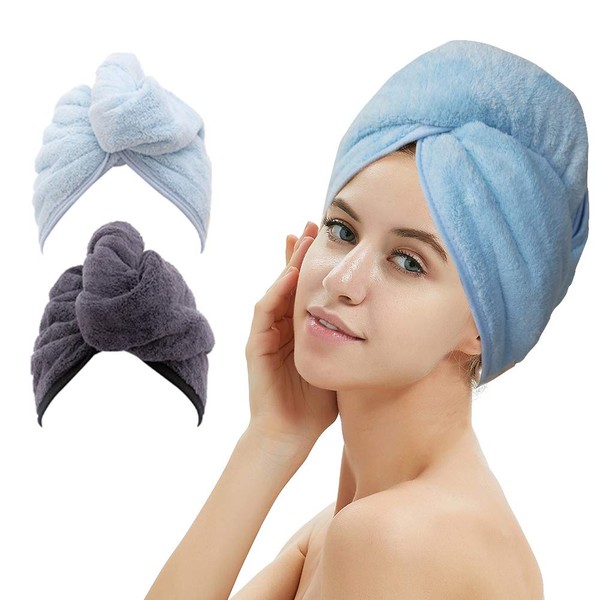 2 Pack Hair Drying Towels, Hair Towel Wrap, Super Absorbent Microfiber Hair Towel Turban with Button Design to Dry Hair More Quicker(Dark Gray& Blue)