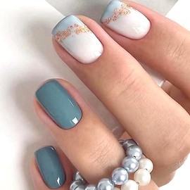 Extra Short Press On Nails，Short Glue On Nails, Nails Press Ons, Square Short Fake Nails Glossy Blue False Nails with Glitter Press Ons Designs Artificial Nails Stick on Nails for Women Girls 24Pcs