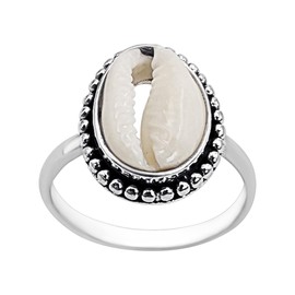 Silverly Sterling Silver Natural Cowrie Shell Ring - Bali Style Statement Jewellery for Women - Dotwork Framed Seashell - Bohemian Beach-Inspired 925 Silver Band Rings - Unique Gift for Her