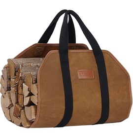 Waxed Canvas Firewood Log Carrier, Heavy Duty Sturdy Large Log Tote Bag for Fire Wood, Firepit Outdoor Camping, BBQ, Fireplace, Wood Stove Accessories,Brown