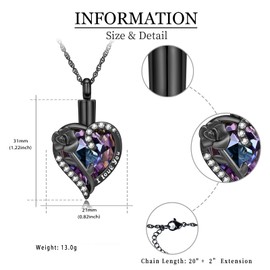 shajwo Rose Flower Heart Cremation Urn Necklace for Ashes Jewelry for Women Men Memorial Human Ashes Crystals Pendant,Black-Purple