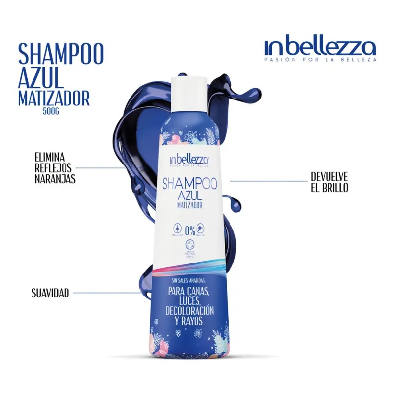 Shampoo Azul Matizador Para Canas Y Decolora Inbellezza 300g