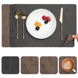 Myir JUN Placemats and Coasters Set of 4, Place Mats Dual Sided Faux Leather Table Mats PU Indoor Outdoor Heat Resistant Placemat Square Non Slip Wipeable Washable Dining Restaurant