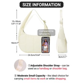 Zidoley Quilted Puffer Bag for Women, Small Puffer Crescent Shoulder Bag with Zipper, Quilted Tote Bag with Adjustable Strap for Women Girls (White)