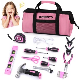 URASISTO 22-Piece Kids Tool Set with Storage Bag, Pink Junior Real Hand Tool Kit for Boys & Girls, Age 8+