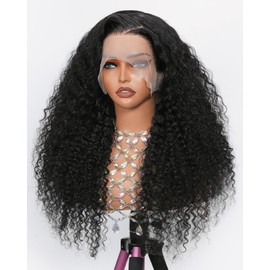 Nature Black HD Transparent Lace Front Wigs Human Hair 180% Density Deep Curly Human Hair Wig Pre Plucked Deep Wave Frontal Wigs Natural Color 13x6 Jerry Curl Lace Front wigs human hair 22 Inch