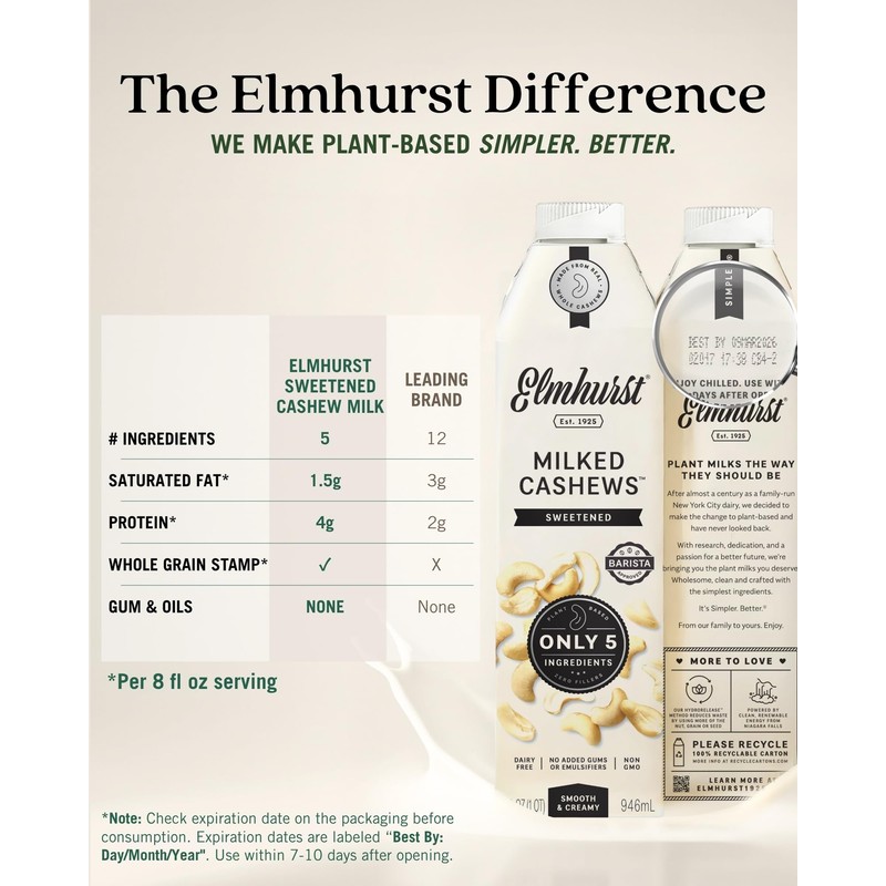 Elmhurst 1925 Sweetened Cashew Milk - 32 Ounce (Pack of
