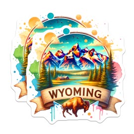 (2 Pack) Wyoming Adventure Stickers - Nature Mountain Scene - Buffalo Landscape Decals - 5" On Longest Side - Sticks to Smooth Flat Surfaces - Made in USA - BMCS6629