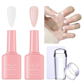 French Manicure Kit Gel Nail Polish Set for French Manicure,2Pcs White,Nude Jelly Gel Polish Set with Nail Stamper,Soak Off UV/LED,Gel Polish for French Tips,Nail Manicure for Women Girl DIY at Home