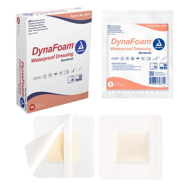 Dynarex Dynafoam Waterproof Bordered Adhesive Foam Wound Dressing Bandage, 4" x 4", 10 Count
