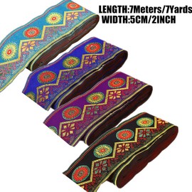 7 Yards Sunrise Sunset on The Moutain Jacquard Ribbon Suzani Floral Embroidered Woven Trim for Embellishment Craft Supplies (2inch, Royal Blue)