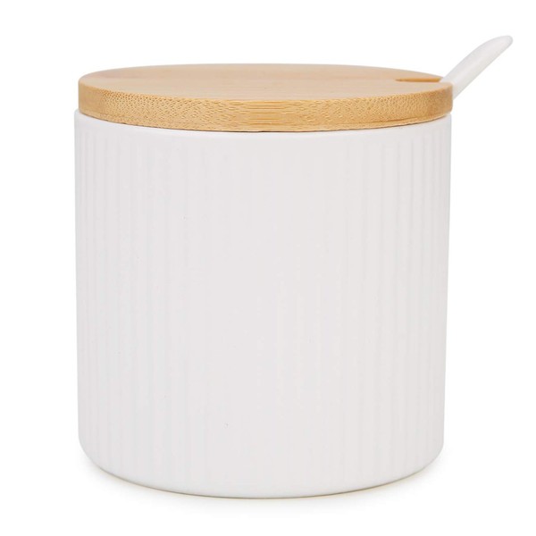 Chase Chic Ceramic Sugar Bowl, Sugar Pot with Wooden Lid and Porcelain Spoon 8.4oz/250ml in Stripe Shape, Suit for Coffee Bar, Kitchen and Home Breakfast, Matte White
