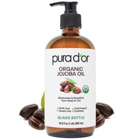 PURA D'OR 16.9 Oz Organic Jojoba Oil (GLASS BOTTLE) USDA Certified - 100% Pure & Natural Moisturizer - Cold Pressed, Unrefined, Hexane Free Base Carrier Oil For DIY Skin Care, Hair, Face & Nails