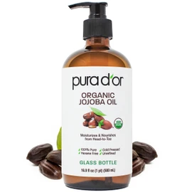 PURA D'OR 16.9 Oz Organic Jojoba Oil (GLASS BOTTLE) USDA Certified - 100% Pure & Natural Moisturizer - Cold Pressed, Unrefined, Hexane Free Base Carrier Oil For DIY Skin Care, Hair, Face & Nails