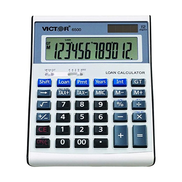 Victor 6500 12-Digit Desktop Financial Calculator, Loan & Mortgage Payments and Interest Calculator for Real Estate, Cars, Boats, and Homes. Battery and Solar Hybrid Powered LCD Display, White