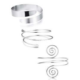 FUNRUN JEWELRY Arm Cuff Upper Arm Band for Women Silver Arm Cuff Bangle Bracelets Adjustable Coil Swirl Armlet ArmBand Jewelry,3-4Pcs