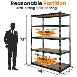 Smaafit 5 Tier Z-Shaped Heavy Duty Storage Shelving Metal Shelving Unit, Shelving for Wall Storage, 48x24x72 inches, 580 lbs/Tier, Adjustable, Garage and Warehouse Storage Shelving