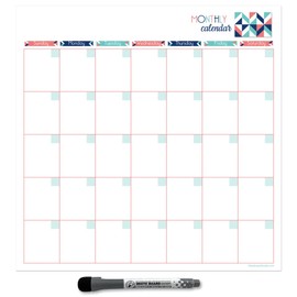 Dry Erase Monthly Calendar Planner Sticker Decal | Removable & Reusable | Magnetic Fine-Tip Marker Included (12 x 12 inches, Geometric)