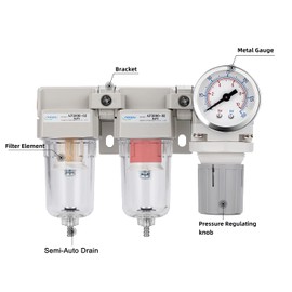 NANPU 1/4" NPT Air Drying System - 5 Micron Particulate Filter, 0.01 Micron Coalescing Filter, Air Pressure Regulator Combo - Semi-Auto Drain, Poly Bowl w/Metal Gauge