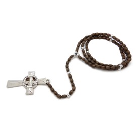 Veritas Aequitas Cross Boondock Saints Pendant 5mm/30" Wooden Bead Rosary Necklace RC4359 (Silver/Brown)