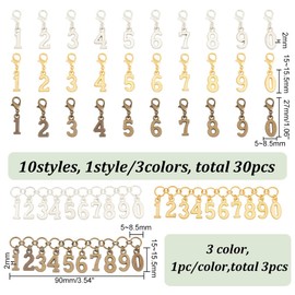 BENECREAT 33Pcs 3Colors 0-9 Lobster Clasp Stitch Markers, Brass Stitch Marker Charms and Alloy Number Charm Knitting Row Counter Chain for Knitting Weaving Sewing Accessories
