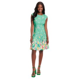 London Times Women's Dresses Floral Border Cap Sleeve Fit & Flare Dress, Summer Green/Butter Cup, 4